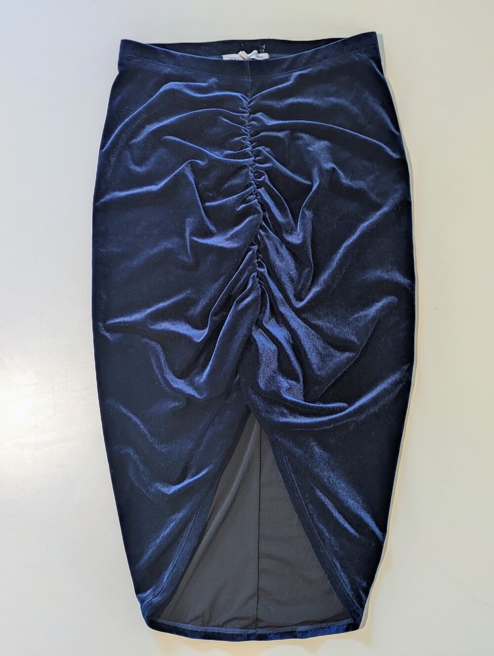 Good American Velvet Ruched Midi Skirt Size 3 Large Navy Blue Bodycon Cocktail